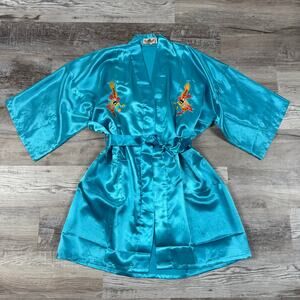 Vintage 80s Turquoise Satin Dragon Embroidered Kimono Robe Chinese L Maximalist